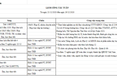 Lịch làm việc tuần 16 (từ ngày 21/12/2020 đến ngày 26/12/2020)