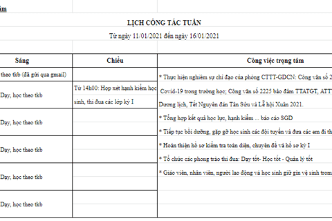 Lịch làm việc tuần 19 (từ ngày 11/01/2021 đến ngày 16/01/2021)