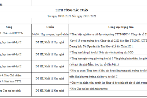 Lịch làm việc tuần 20 (từ ngày 18/01/2021 đến ngày 23/01/2021)
