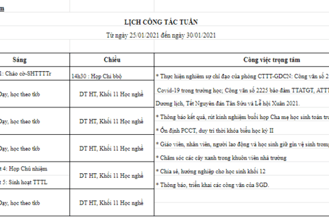 Lịch làm việc tuần 21 (từ ngày 25/01/2021 đến ngày 30/01/2021)
