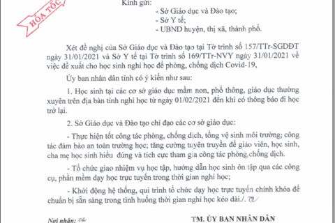 Công văn số 212/UBND-KGVX ngày 31 tháng 01 năm 2021