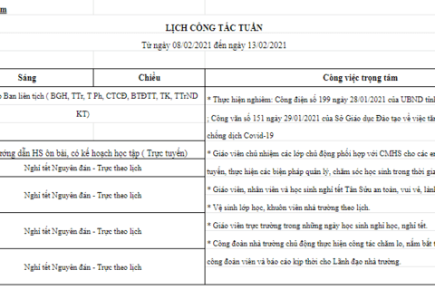 Lịch làm việc tuần 23 (từ ngày 08/02/2021 đến ngày 13/02/2021)