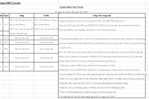 Lịch làm việc tuần 26 (từ ngày 01/03/2021 đến ngày 06/03/2021)