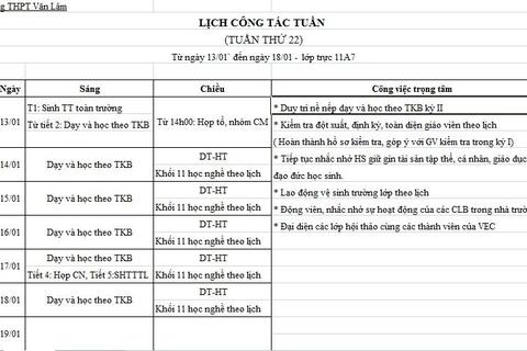 Lịch tuần 22 (Từ 13/1/2020 đến 18/1/2020)