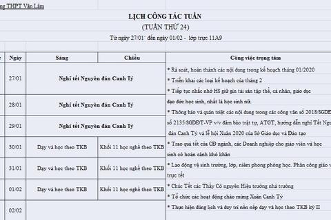 Lịch tuần 24 (từ 27/01/2020 đến 01/02/2020)